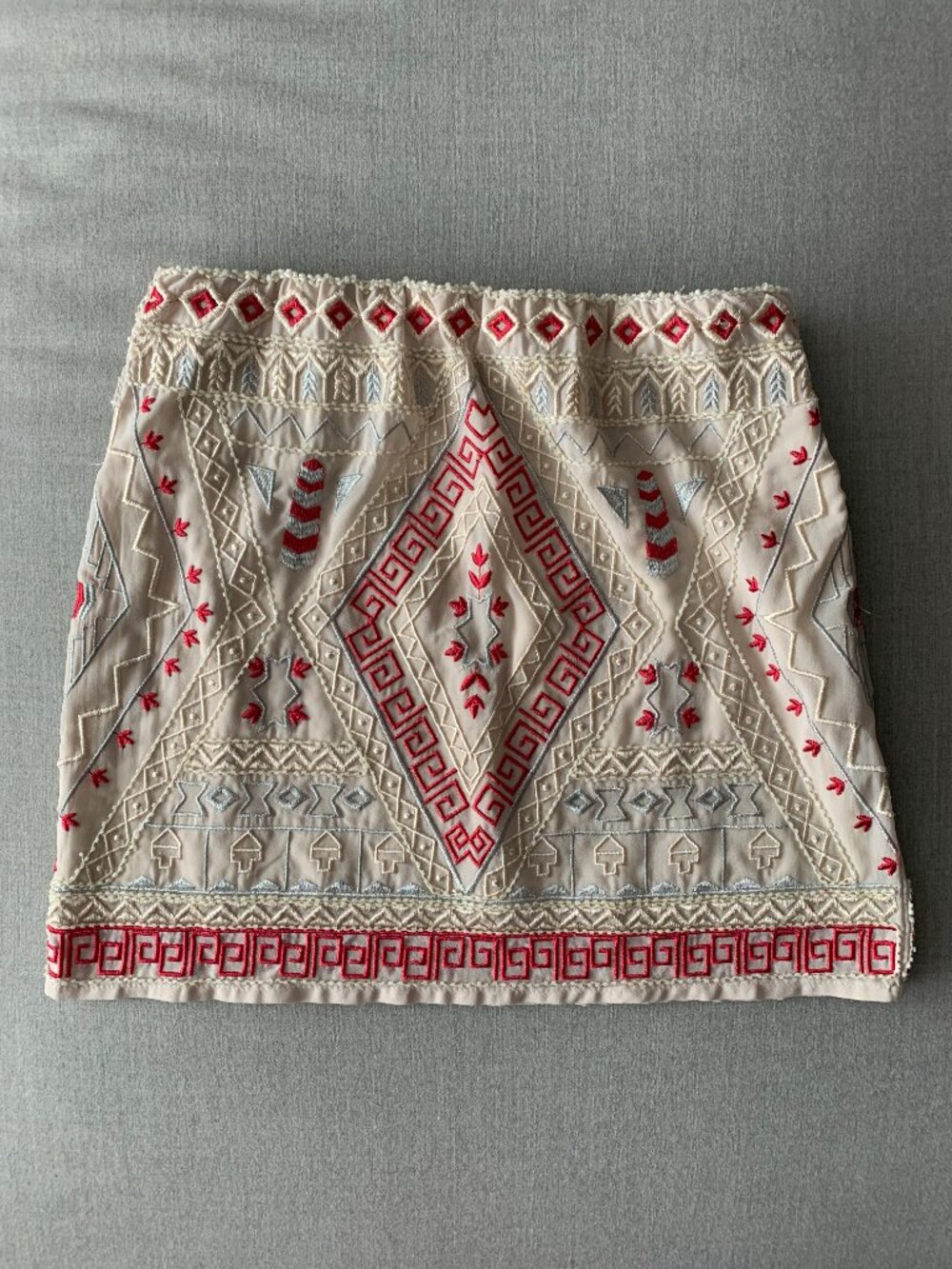 verty Cream Mini Skirt with Red & Light Blue Embroidery
